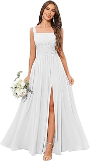 Women's Square Neck Chiffon Bridesmaid Dresses with Pockets Pleated A Line Formal Evening Dresses with Slit