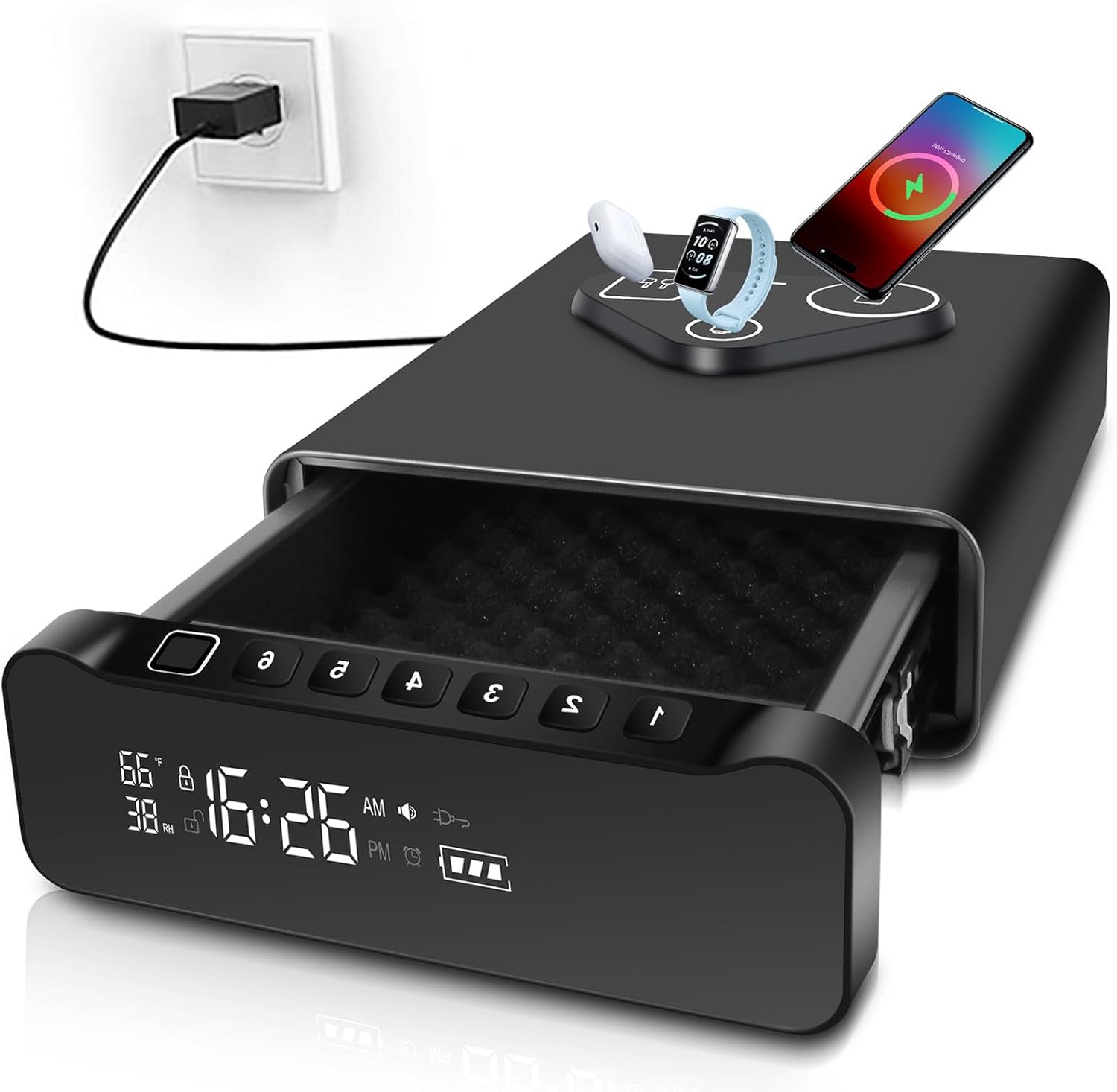 FTOP Biometric Fingerprint Gun Safe, Clock Handgun Safe with 3-in-1 Watch & Phone Wireless Charging, Drawer for Pistols, Cash, Valuables- with Humidity|Temperature| Alarm Clock|Screen (Gunmetal Black)