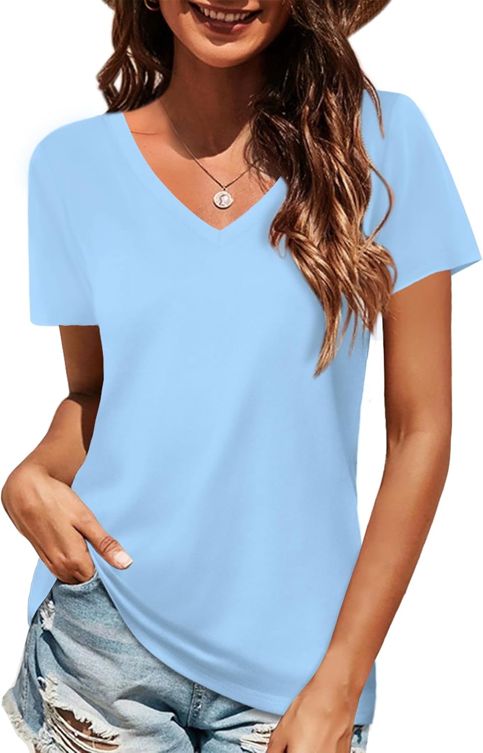 Elesomo Long Sleeve Shirts for Women Cotton Tshirts V Neck Spring Tops Basic Tee