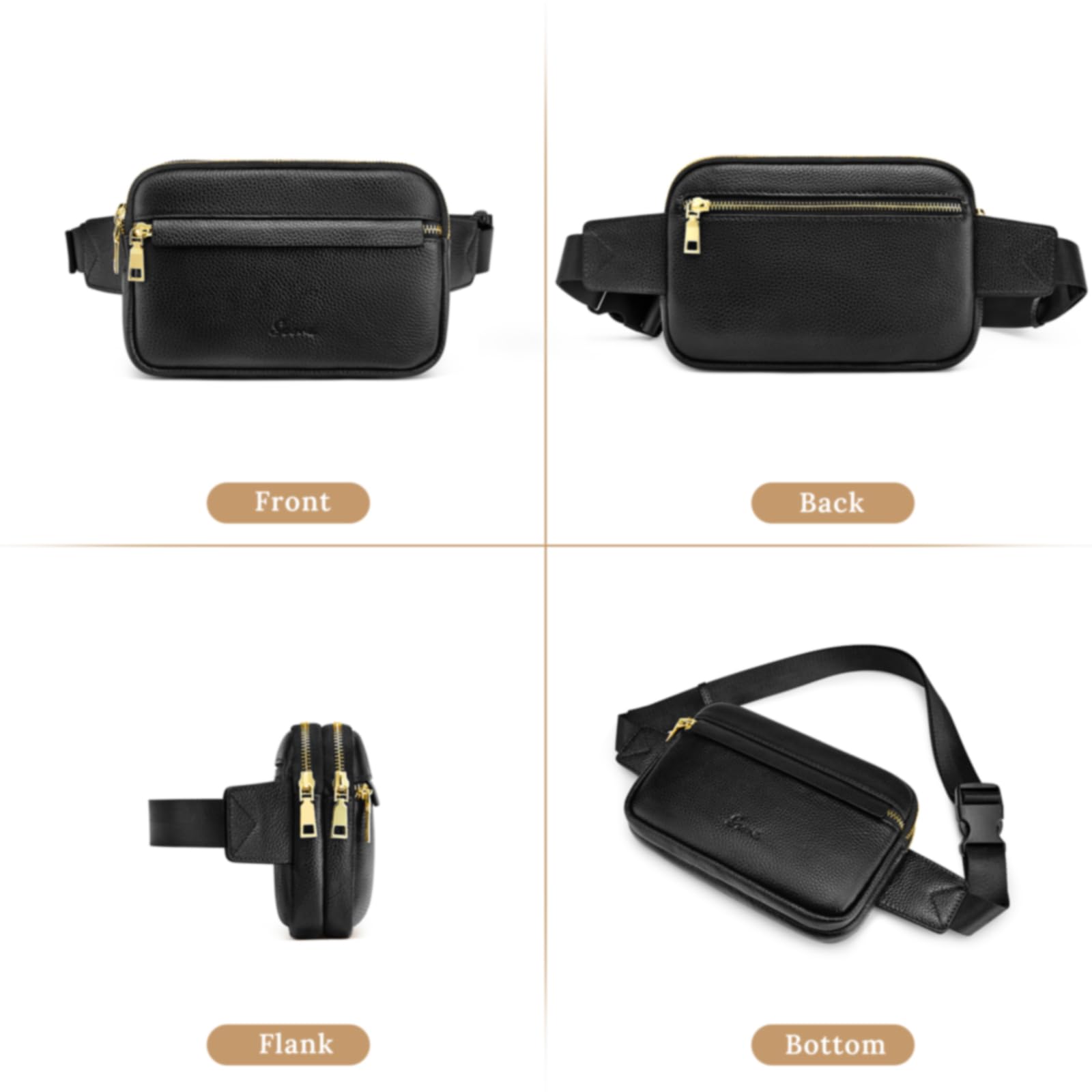 S-ZONE Fanny Packs for Women Genuine Leather RFID Blocking Crossbody Bags Purses Sling Waist Chest Bag Gifts Travel Running Adjustable Strap Men: Black