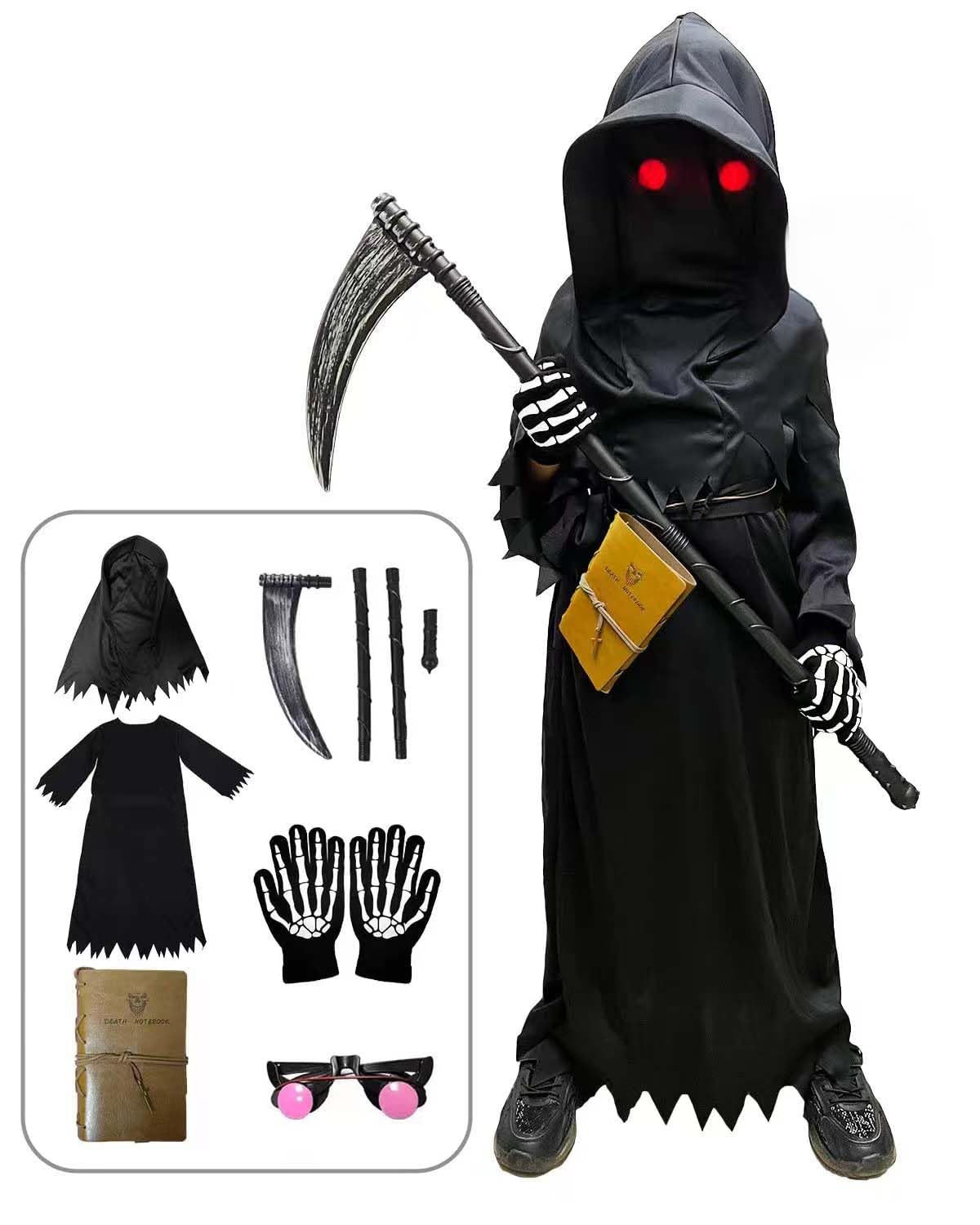 Tosekry Costume Halloween Bambino, Vestito Halloween Bambino Costumi Halloween Bambini con Death Notebook, Tuta, Cappuccio, Occhiali Fosforescenti, Falce e Guanti
