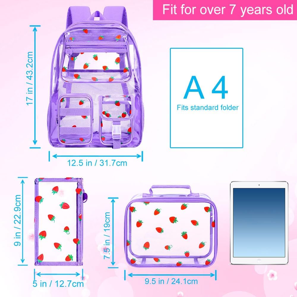 WZLVO Clear Backpack for Girls, 17" Women Heavy Duty PVC Transparent Bookbag, Cute Stadium Approved See Through School Bags for Elementary Preschool - Aesthetic Strawberry Purple