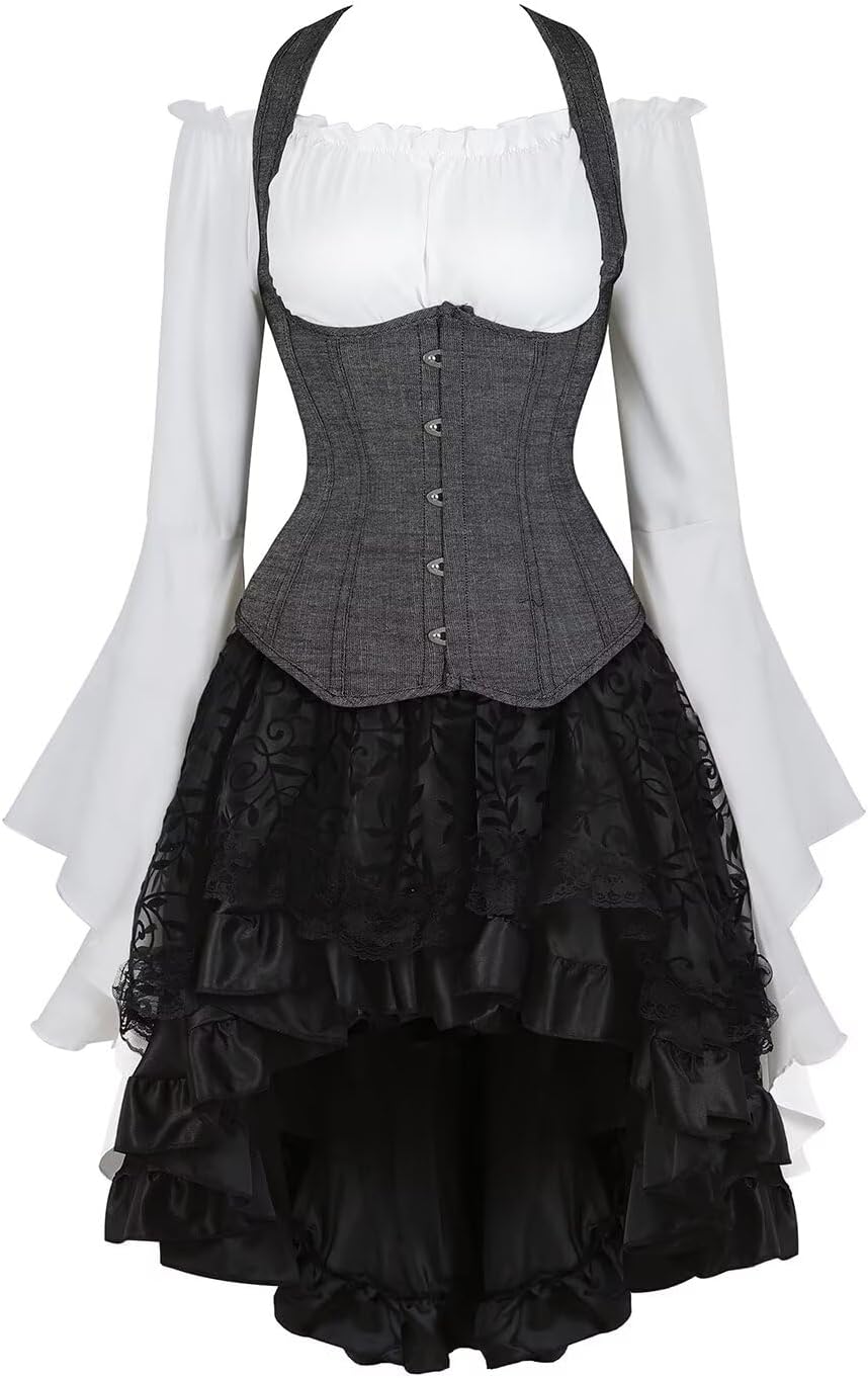 Jutrisujo Underbust Corset Dress Top Straps Skirt with Tutu 3 Set Plus Size Vintage Lace up Gothic Denim Blue