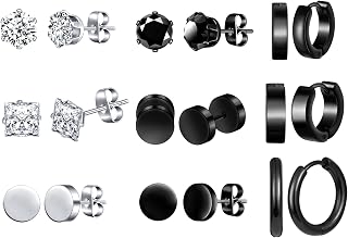 8-9 Pairs Stainless Steel Earrings and Huggie Hoop Earrings Set Men Women Round/CZ Studs Piercing Ring Jewelry Set Silver Black, stainless-steel Cubic Zirconia, Cubic Zirconia