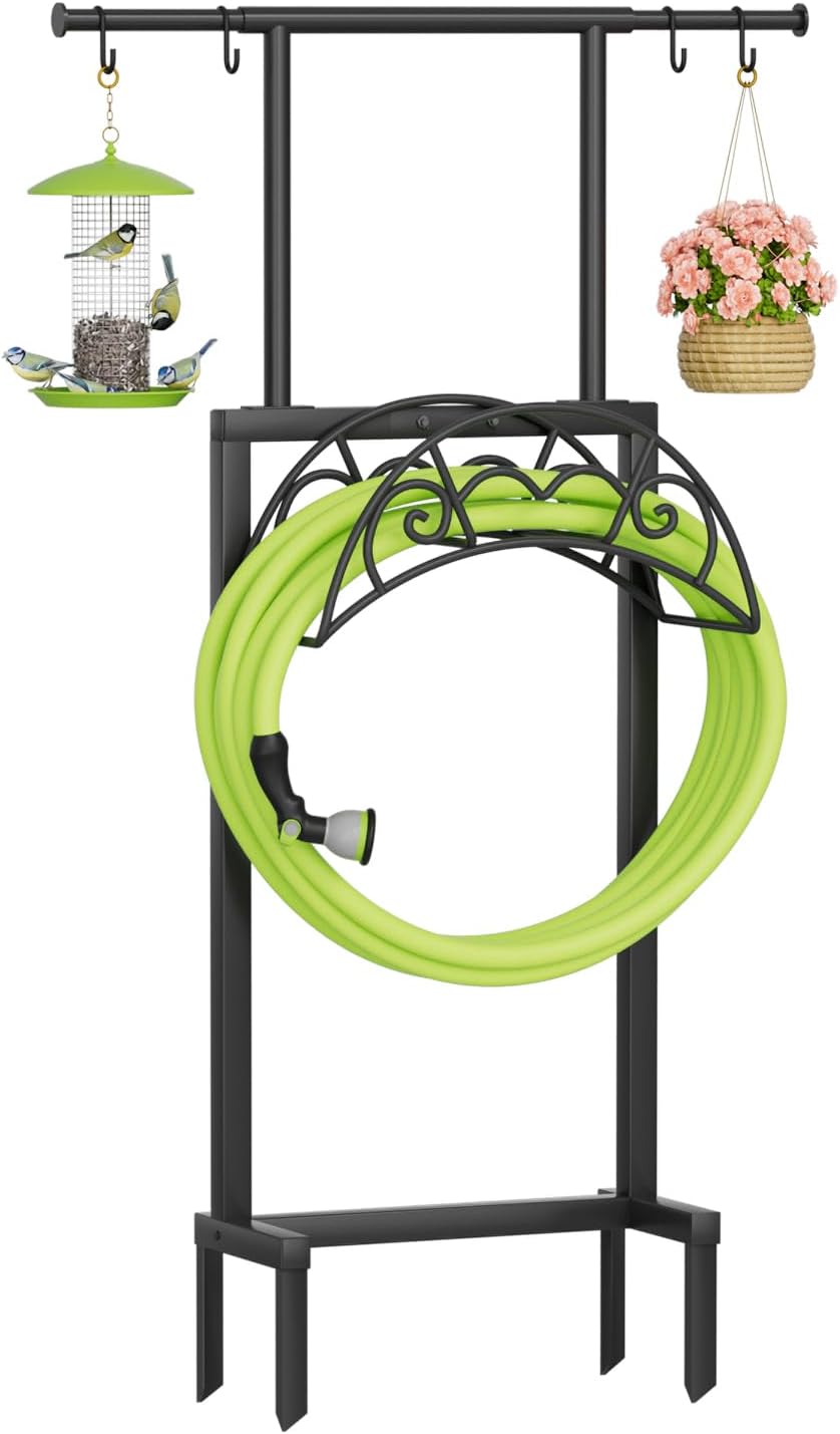 Garden Hose Holder with Telescopic Pole, Freestanding Garden Hose Stand Stake with 4 Spikes, Heavy Duty Sturdy Metal Hose Storage Rack and Hanger for Outside Yard Lawn Farm, Black