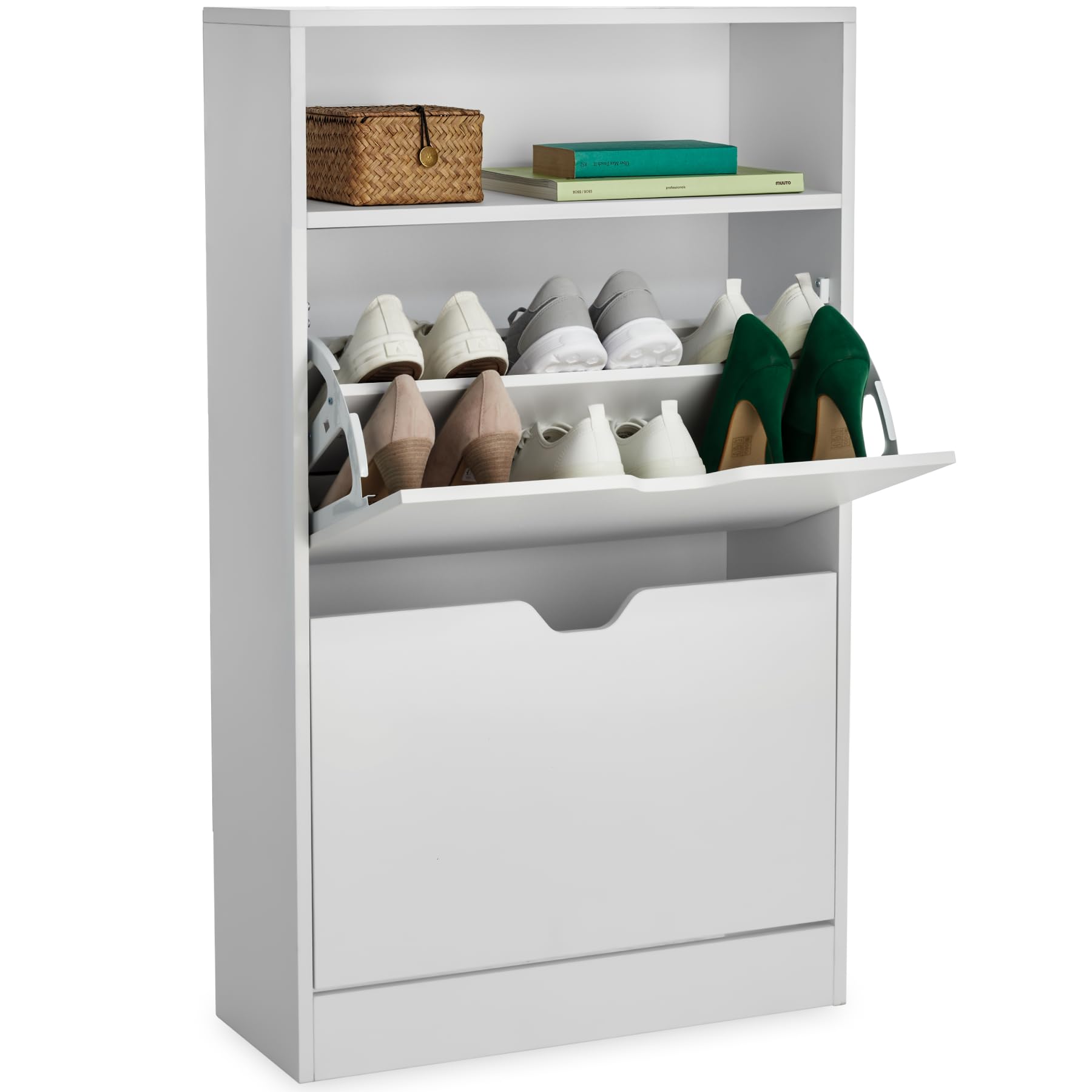 tectake® Moderno Zapatero con 2 Cajones Abatibles y 4 Niveles, Capacidad 12 Pares de Zapatos, 60x24x102 cm Estanteria Abierta, Antivuelco, Montaje Sencillo, Organizador, Estrecho - Blanco