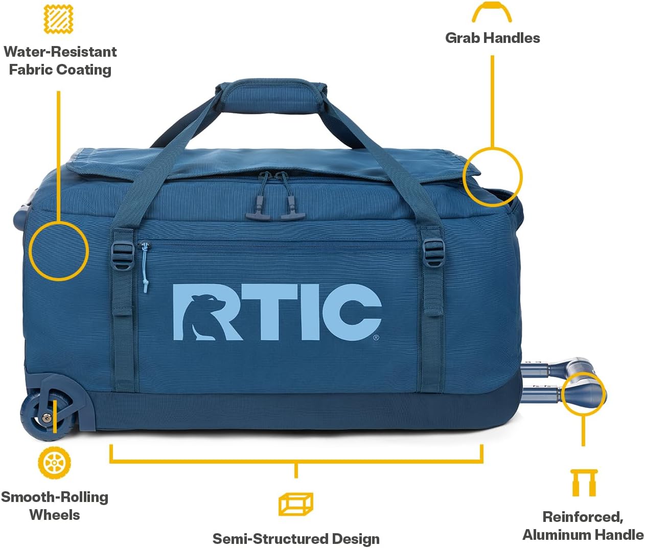 RTIC Road Trip Rolling Duffle Bag with Wheels for Men and Women, Traveling Tote for Camp, Travel, Gym, Weekender, Camping, Overnight Carry On, Sports, Spacious, Water Resistant, Large, Navy & Denim
