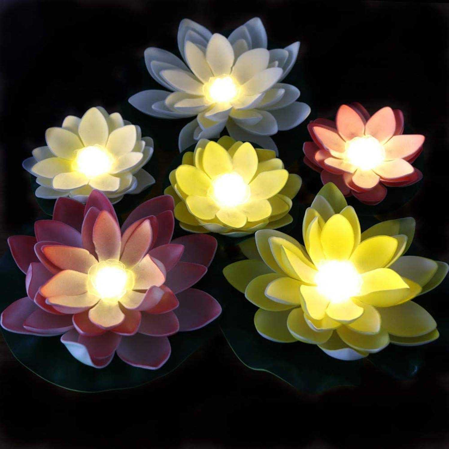 LACGO Floating Lotus Lights - Pack of 6 LED Flowers Pool Lights Battery-Operated Warm White Waterproof Night Light for Pond Garden Swimming Wedding Fountain Decor