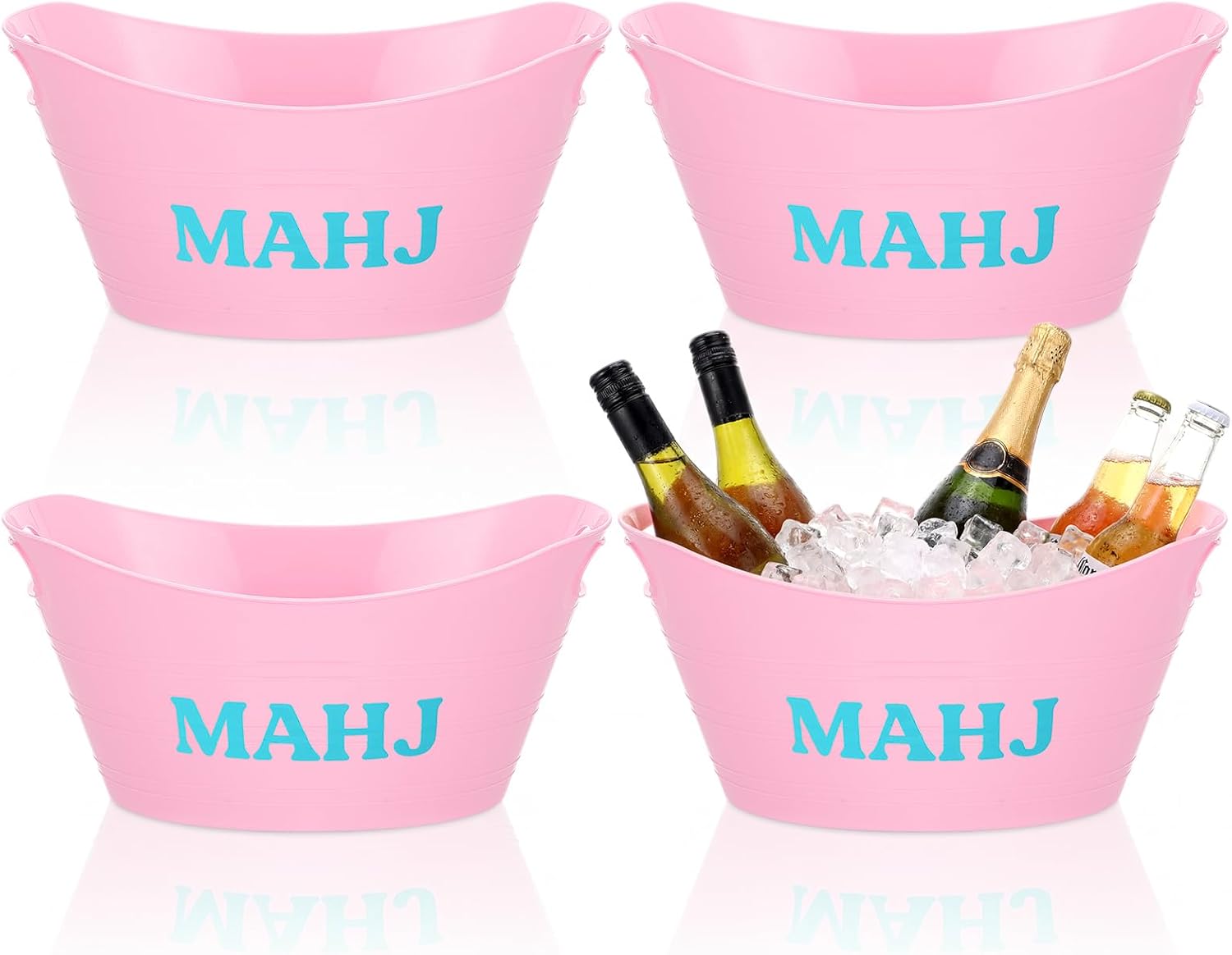 LemonRoad 4 Pcs Pink Mahjong Plastic Ice Bucket Drink Cooler Bulk 4.5l Oval Storage Basket Tub with Handles Mahjong Party Accessories for Casual Gatherings Game Nights Bridal Showers Birthday Party