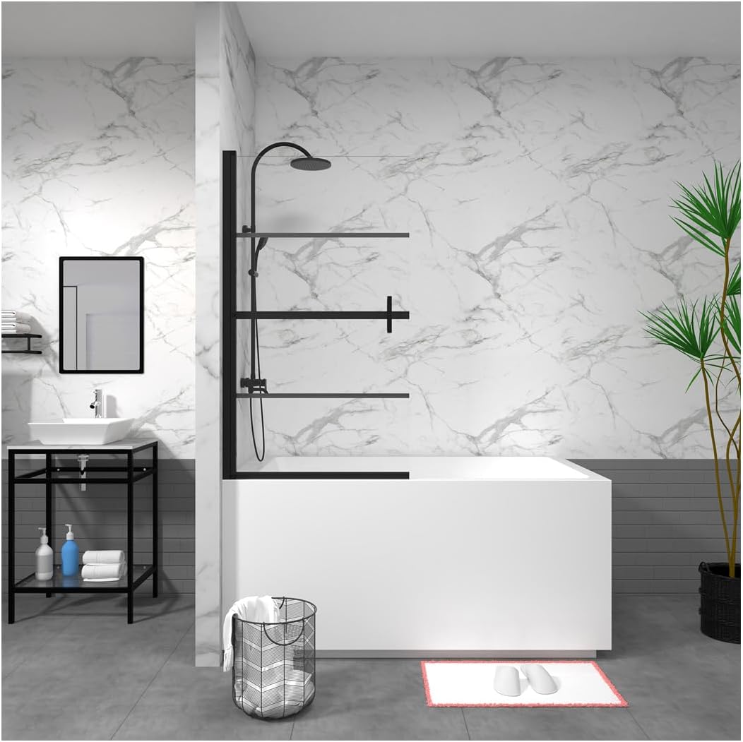 Bathtub Screen Panel Black Shower Door 180° Pivot