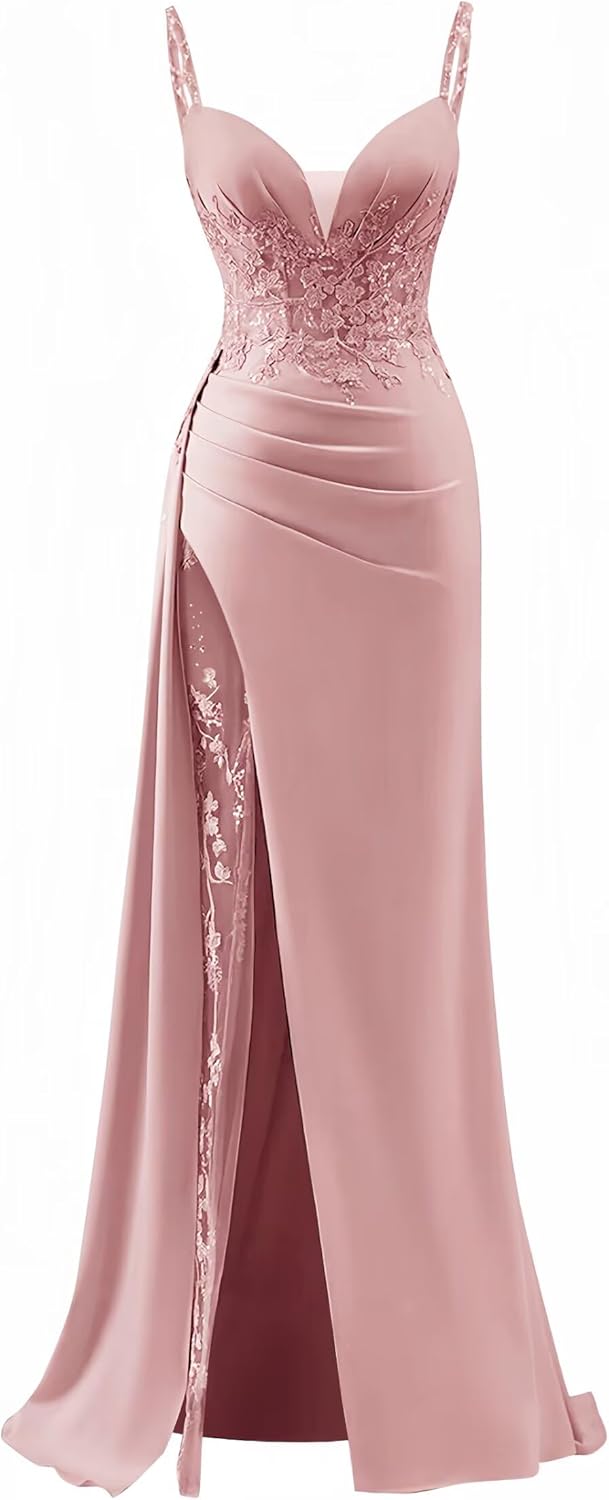 Zeeyecie V-Neck Satin Prom Dresses Mermaid Lace Applique Spaghetti Straps Sparkly Evening Formal Ball Gowns with Slit