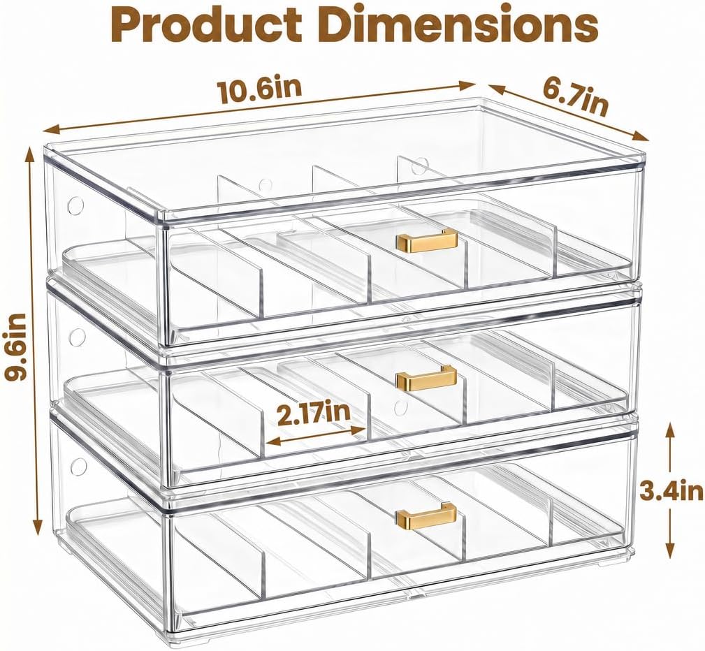 Clear Acrylic Sunglasses Storage Case Stackable with 5 Compartments and Gold Handles, Glasses Organizer