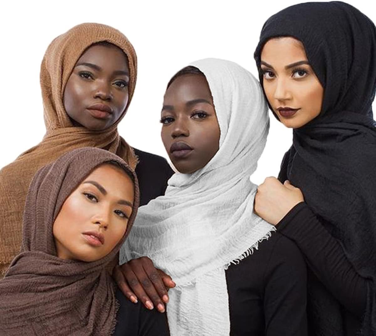 Hijab Muslim Head Scarf Solid Color Long Cotton Wrap Scarves for Women Fashion L70.7?xW35.4? QY414 (Black+White+Deep coffee+Coffee(4pcs set?))