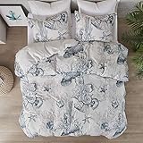Inspire by Intelligent Design Reversible 100% Cotton Duvet - Breathable Sateen Comforter Cover, Modern All Season Bedding Set with Sham (Insert Excluded), Seabed, Coastal Blue King/Cal King(104'x90')