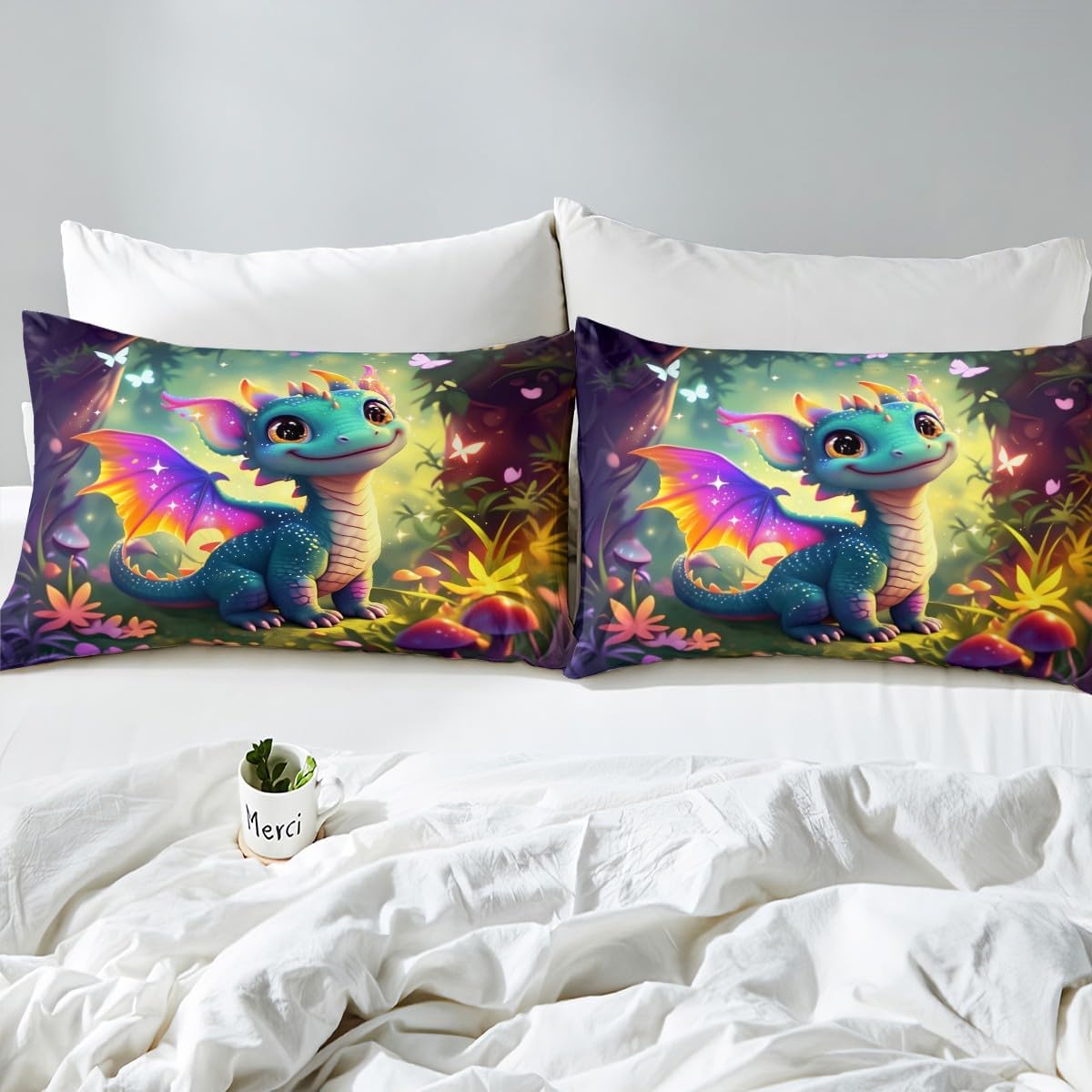 Cute Dragon Bedding Set Full Size Mushroom Floral Butterfly Bed Set Bedroom Decor Purple Orange Wings Dragon Fitted Sheet Soft Microfiber Dreamy Jungle Bed Cover with 2 Pillowcases