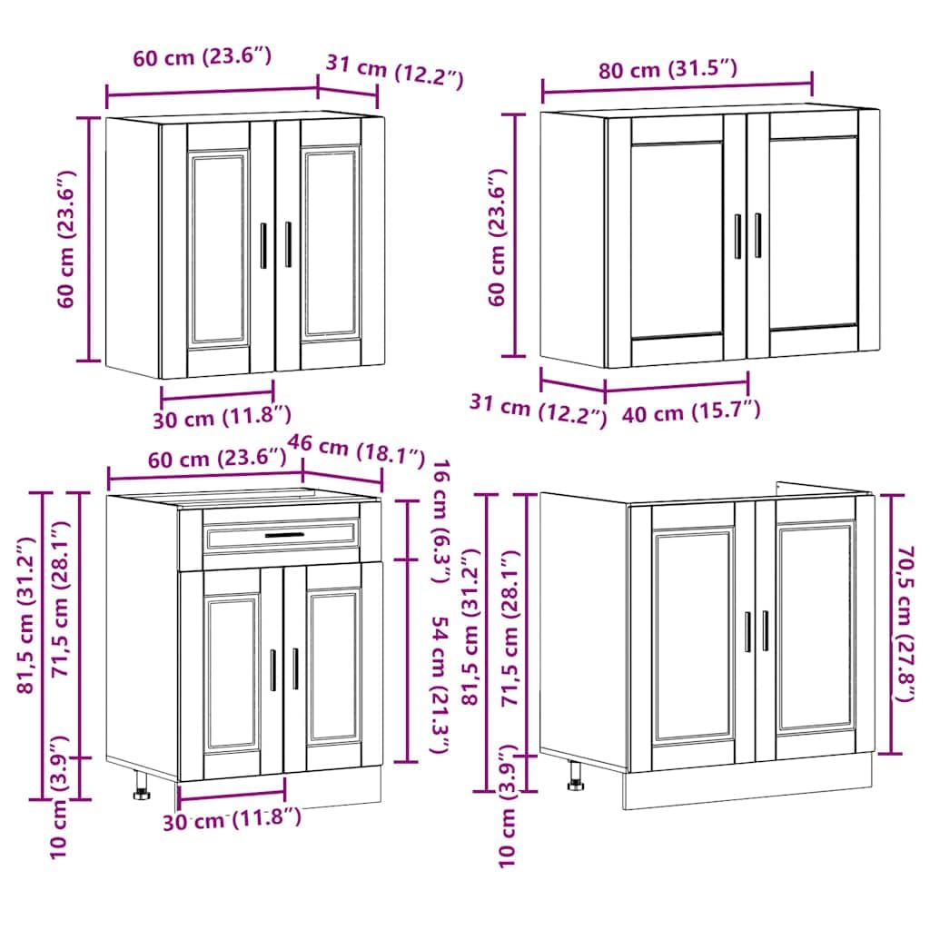 4-TLG. Küchenschrank-Set Holzwerkstoff, Küchenzeile Einbauküche, Schrank-Set, Unterschrank, Küchenschrank, Hängeschrank,Altholz
