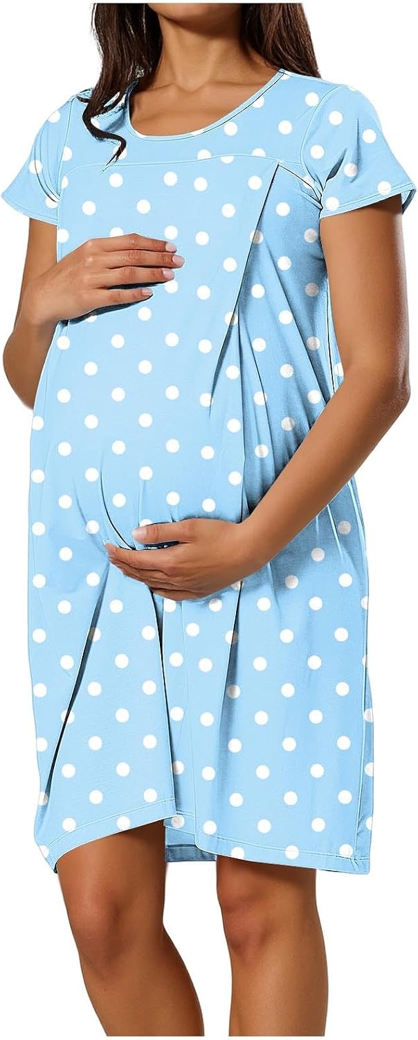 Oplxuo Women Maternity Nursing Dress Breastfeeding Short Sleeve Crew Neck Polka Dot Casual Pregnancy Clothes