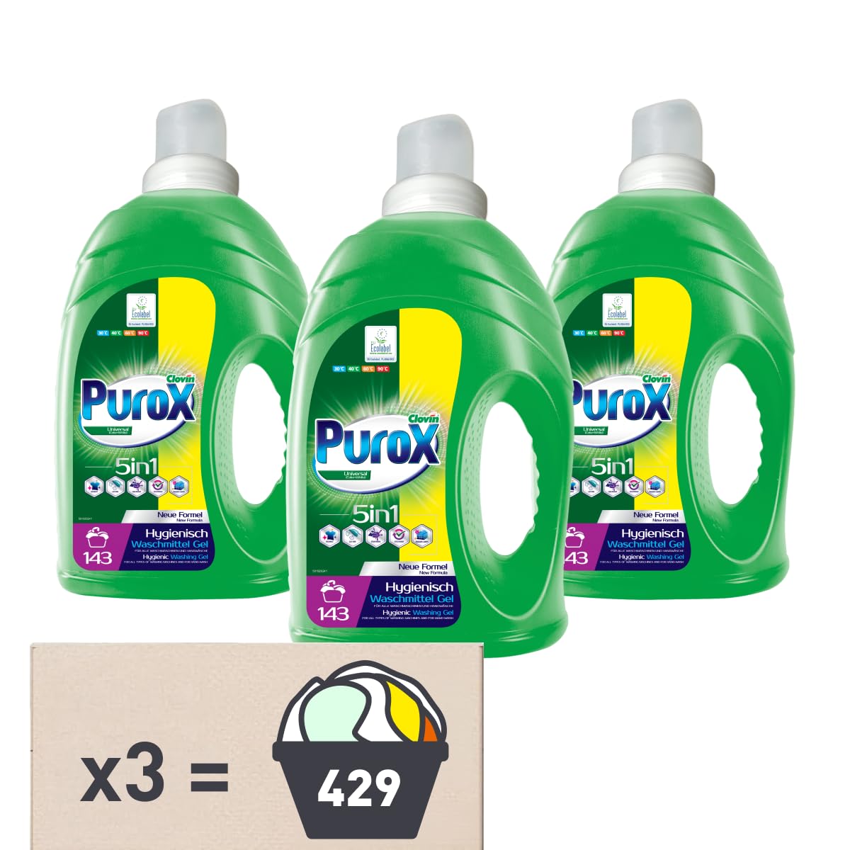 PUROX UNIVERSAL Detersivo Lavatrice Liquido Gel Concentrato (143 Lavaggi x3) – Per tutti i tessuti, rimuove le macchie, risciacquo completo, ecologico, protezione anticalcare, 4,3l, Multipack 3 pezzi