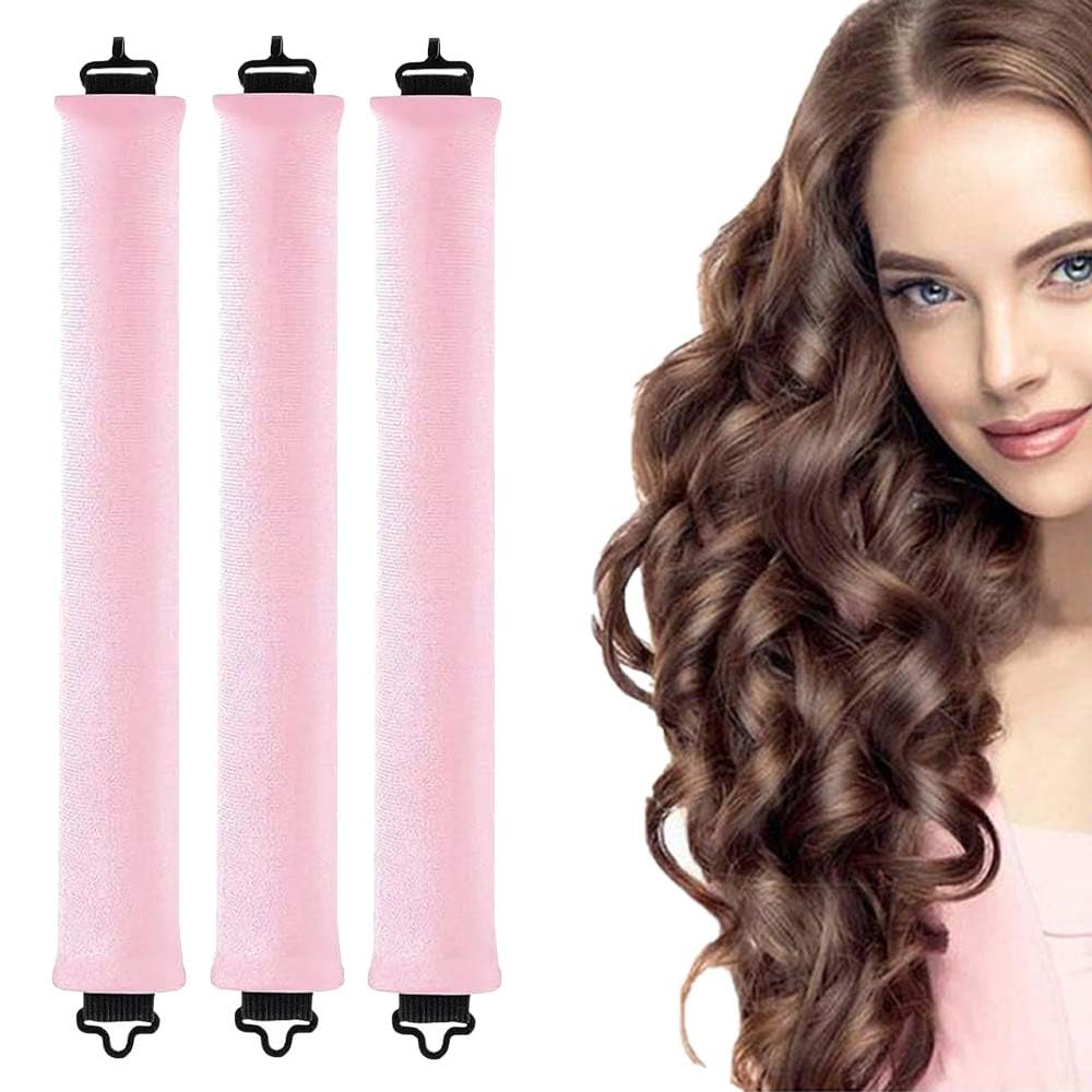 TEMPERIA (3pcs) Heatless Hair Curler Roller for Women & Girls | Curling Headband Tools with Hook for Waves & Curls Without Heat | Overnight Curls Flexi Soft Rod for Volumn & Styling | Pink
