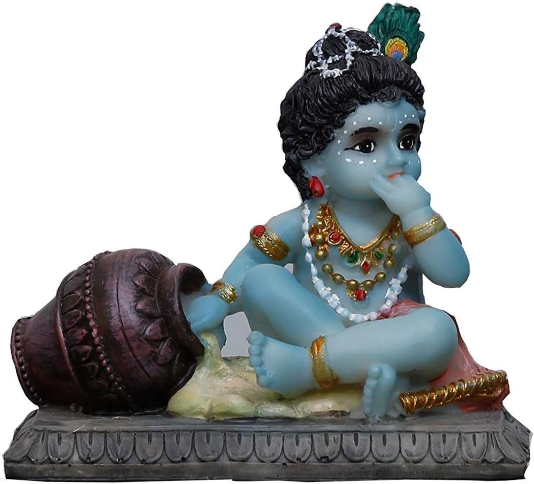 Med. Ladoo Gopal(Baal Krishna) On Rectangle Stage -Hindu God and Goddess Idol/Statue/Murti/Figurine(3.5")-Polyster Resin-Multicolour