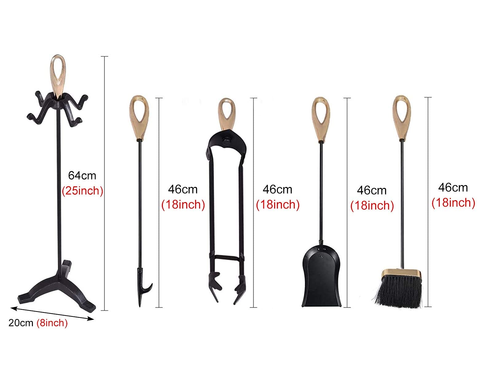 5-teiliges Feuerwerkzeug-Set, Schmiedeeiserner Kamin-Besitzer, Schürhaken, Schaufel und Zange, 64 cm Höhe