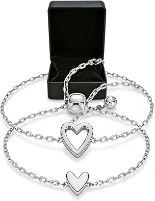 Adjustable Love Friendship Two Bracelet Pack, 14K Gold Plated Matching Heart Bracelet Set For Women, Hypoallergenic Dainty Stainless Steel BFF Friendship Mother Daughter Jewelry Gift