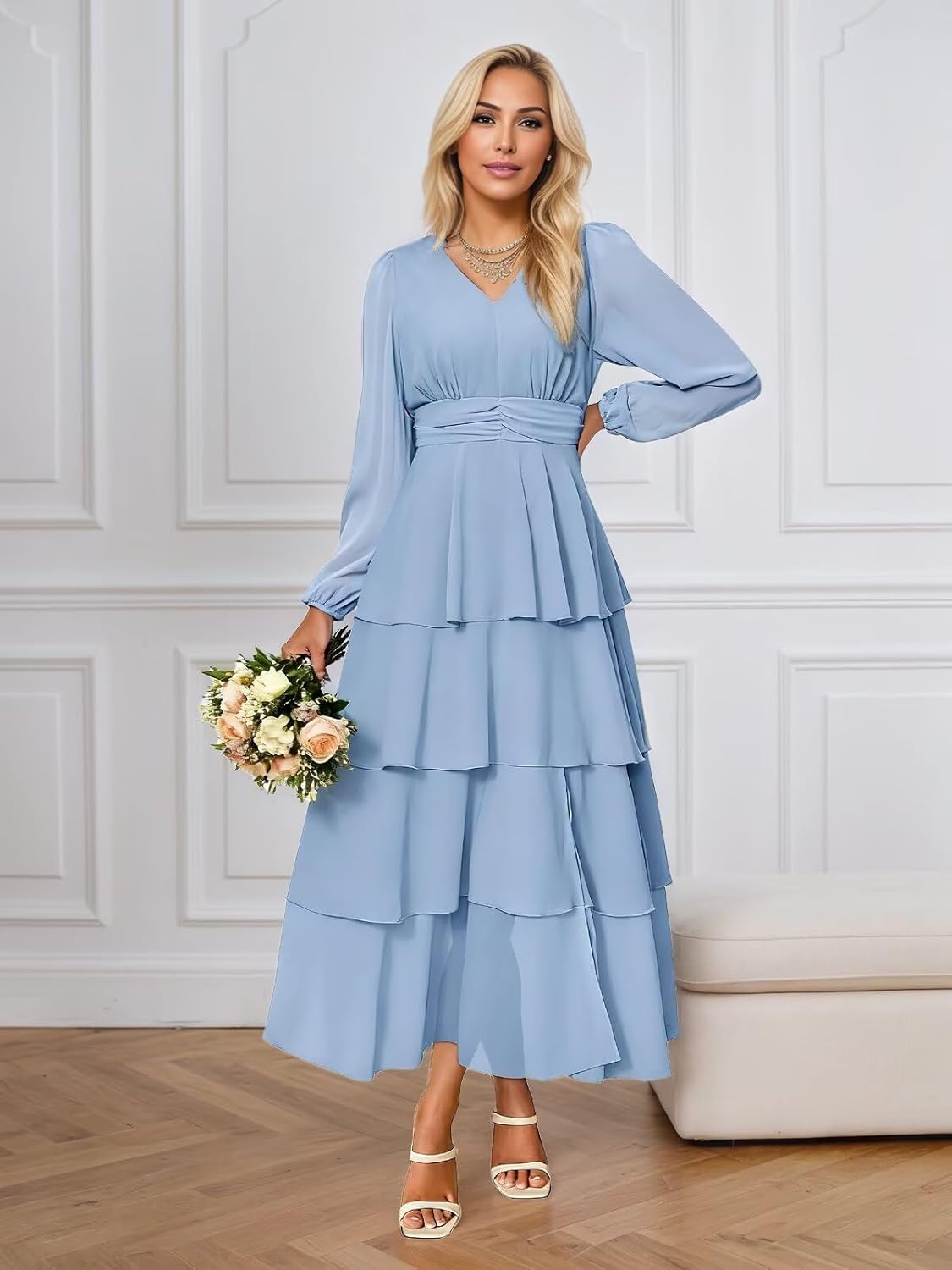 Lorencia Long Sleeve Chiffon Bridesmaid Dresses for Women Tiered V Neck Formal Evening Wedding Guest Dresses with Slit