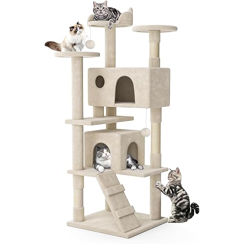 MoNiBloom 70 Inch Cat Tree Tower for Indoor Cats Large Adults, Tall Cat Tower with Scratching Post, Multi-Level Furniture Activity Center with Cat Condo Pet Play House, Beige