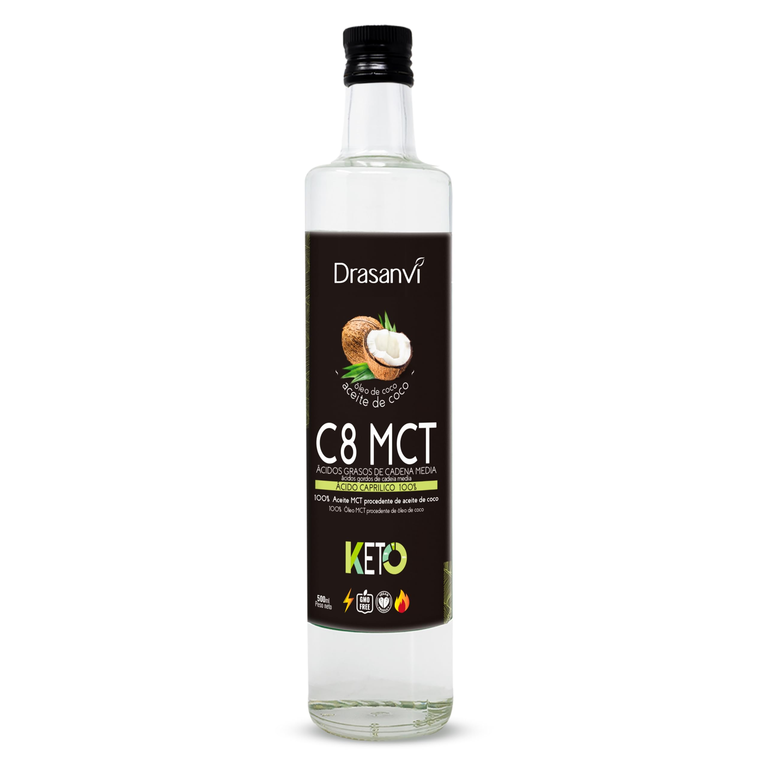 DRASANVI Aceite MCT Coco C8 PURO| 100% Ácido Caprílico | Rápida fuente de energía de fácil absorción | Ayuda en la pérdida de peso | Saciante y de fácil