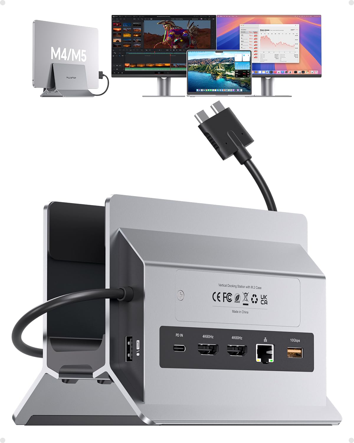 MacBook Dockingstation für Dual Monitore, Dual USB-C Laptop Docking Station mit 2 HDMI 4K@60Hz, USB A/C 10 Gbit/s, Ethernet, NVMe SSD Gehäuse, SD/TF Vertical Dock Ständer für MacBook Air/Pro M3 M4 M5 | PULWTOP Laptop Docking Station mit 2 HDMI, USB A/C 10