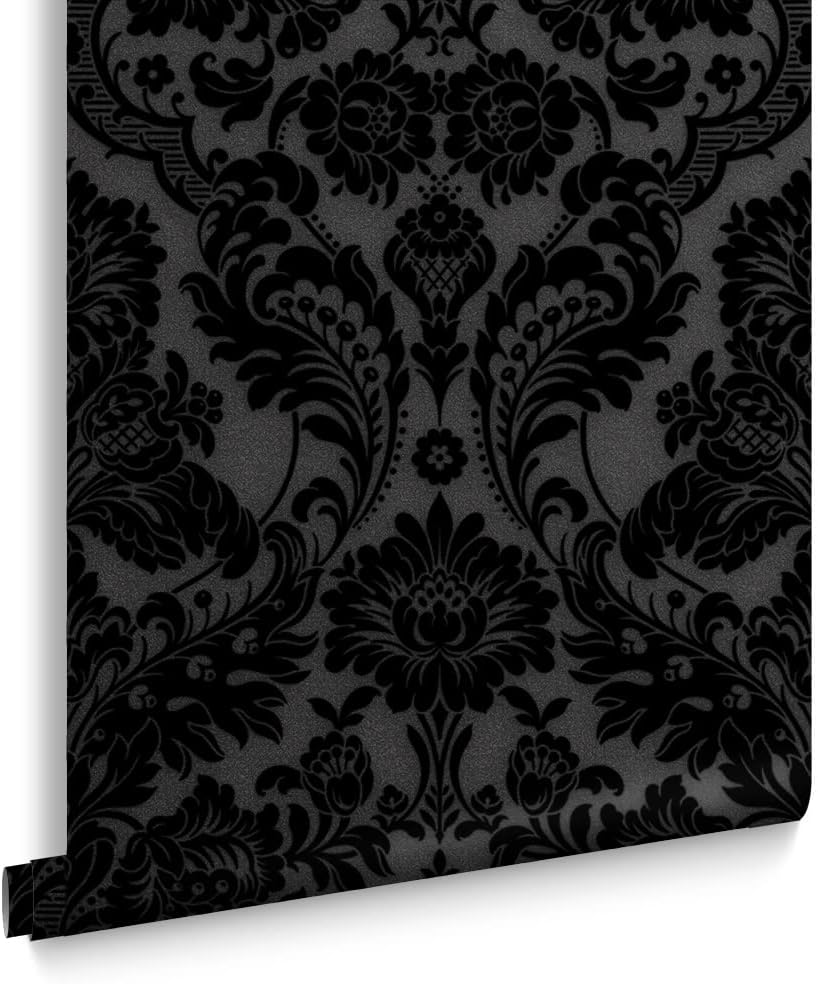Graham & Brown Gothic Damask Flock Noir Black Paste The Wall Wallpaper