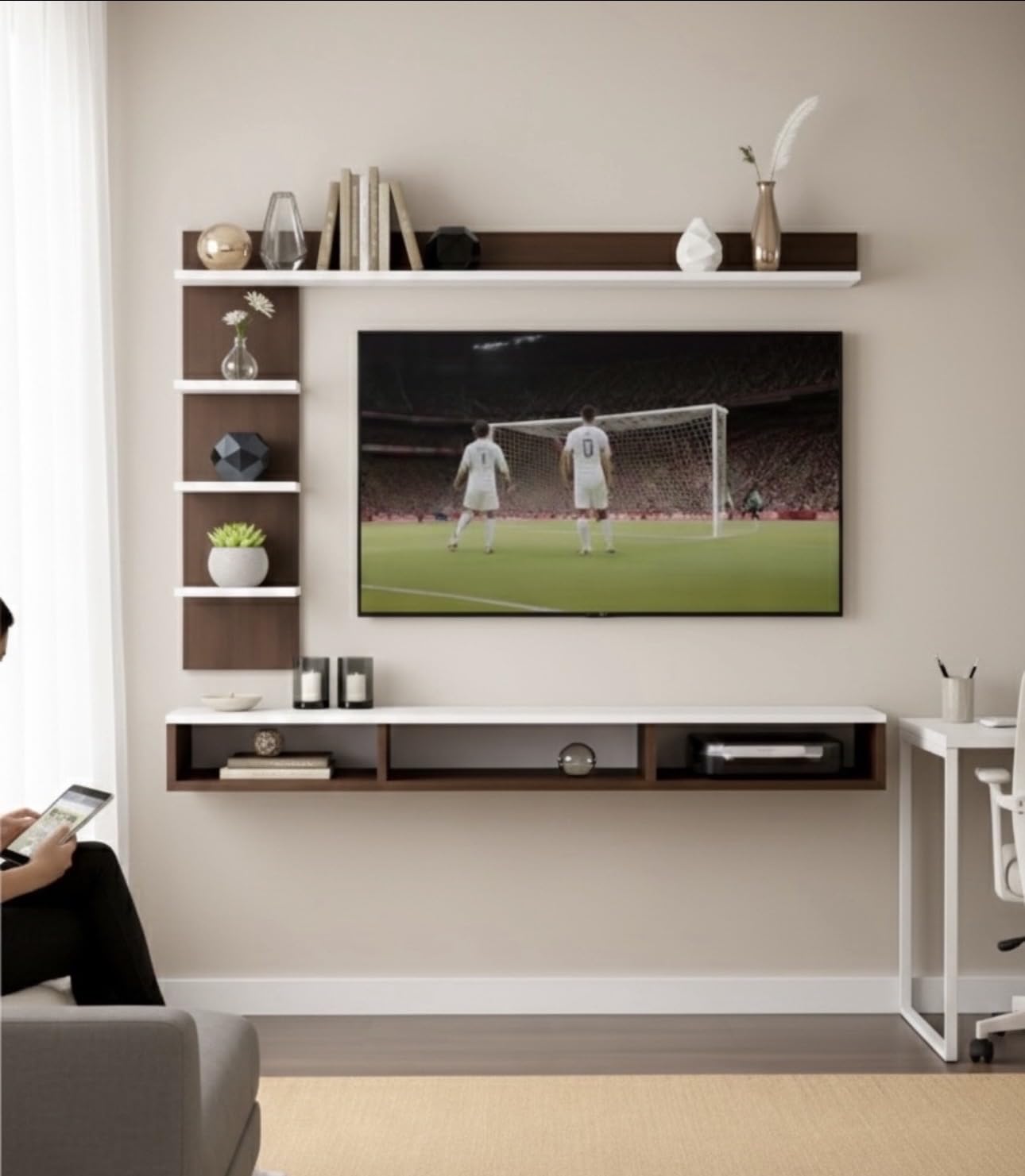 48 inch MDF C Shaped Wall Mounted TV Unit, Floating Shelves,Suitable for Upto 48 inches Smart tv (C Style Cabinet, Wenge White)