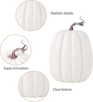 Lucakuins 8 Inch Large Artificial Pumpkins DIY White Decorative Foam Pumpkins Cute Fake Pumpkins for Hallween Autumn Harvest Home Decorations (White, 8 in)