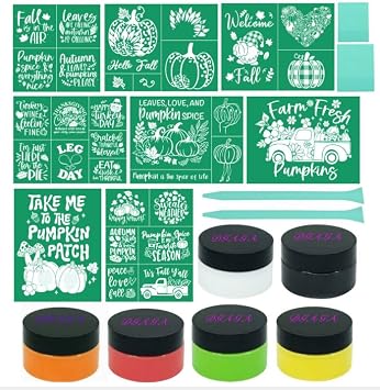 16PCS Fall Silk Screen Stencils Reusable Self Adhesive and with Chalk Paste Chalk Mesh Stencil Autumn Silkscreen Transfers for Painting on Wood,Craft, Farmhouse Screenprinting Starter Kit