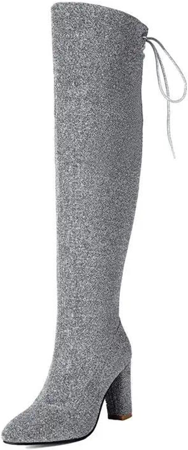 Women's Sexy Over-The-Knee Boots Pointed Toe Super High Block Heel Slip On With Tied Detail For Party Dating