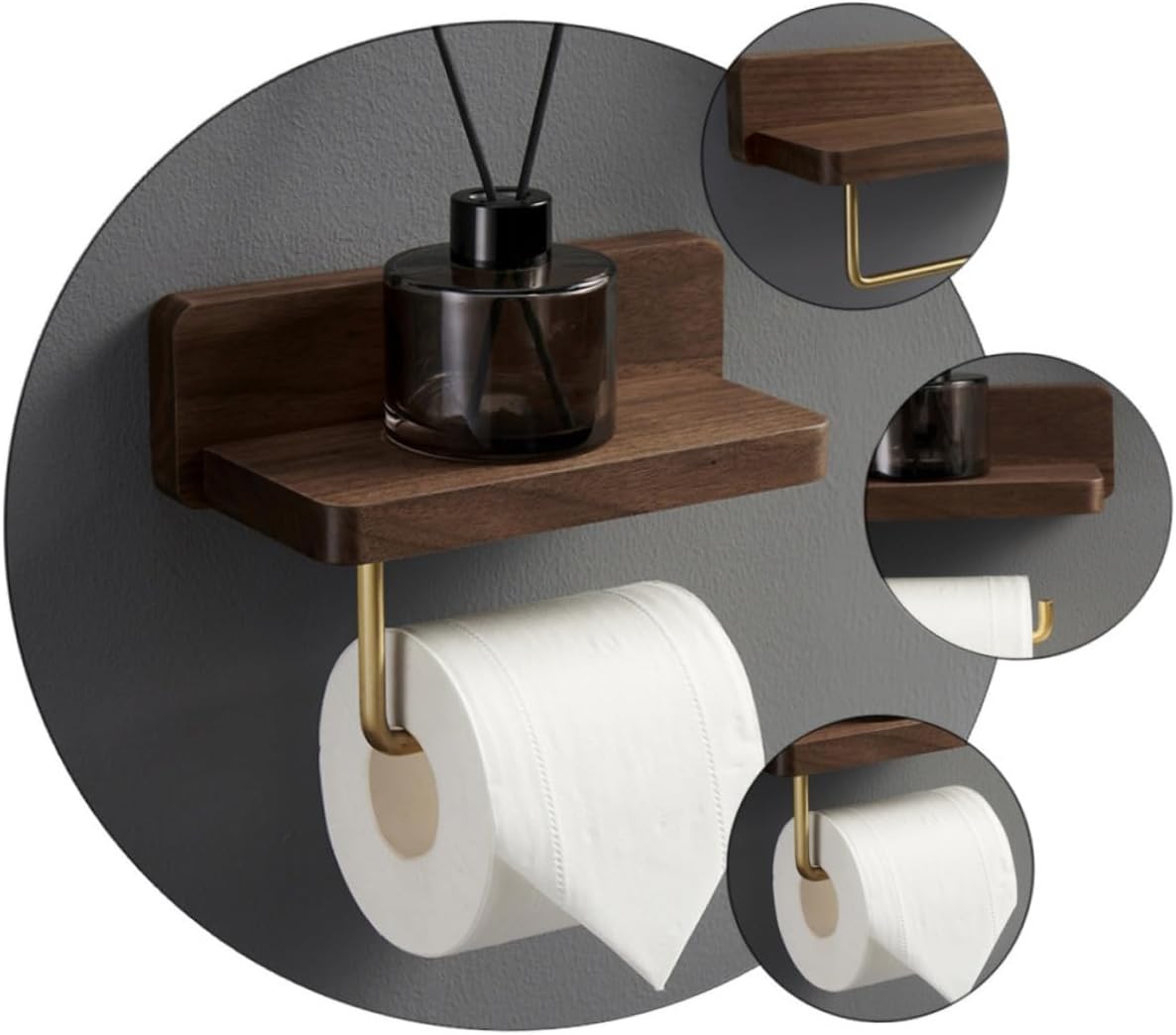 Solid Wood Toilet Paper Holder with Brass Finish Punch Installation Bathroom Tissue Rack with Storage Platform for Phone and Wet Wipes Natural Wood Wax Oil Protection Wall Mount