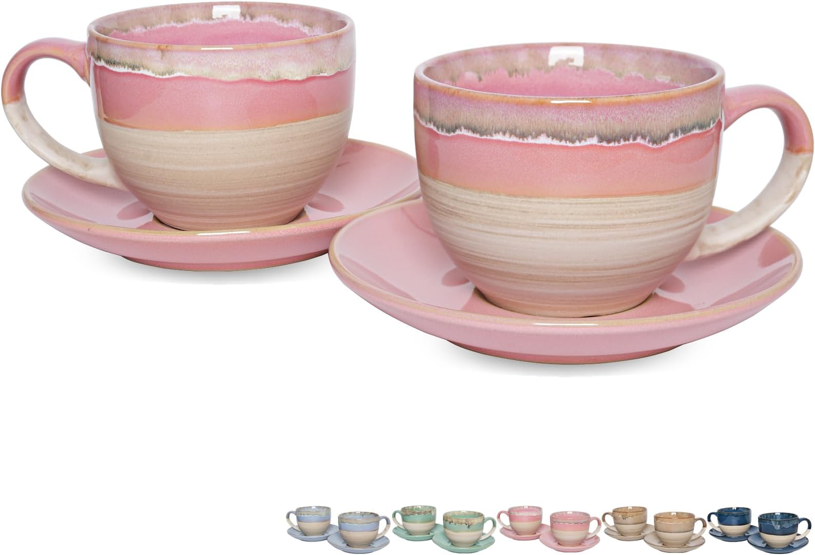 Ceramic Cappuccino Cup and Saucer Set of 2, 10 Oz, Coffee Cups for Latte, Espresso, Tea, Dishwasher and Microwave Safe, Reavtive Glaze (Pink)