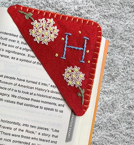 Personalized Hand Embroidered Corner Bookmark, Cute Flower Book Mark, Hand Stitch Gift for Women Book Lovers by HNQCPCVU (H, RED)
