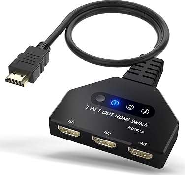 HDMI Switch, HDMI Splitter 3 in 1 Out 4K@60Hz, 3-Port Switcher Selector with Pigtail Cable, Multi-Port Hub Supports 3D, HDCP2.2, HDR Compatible with Laptop, Xbox, Blu-Ray Player, Etc.