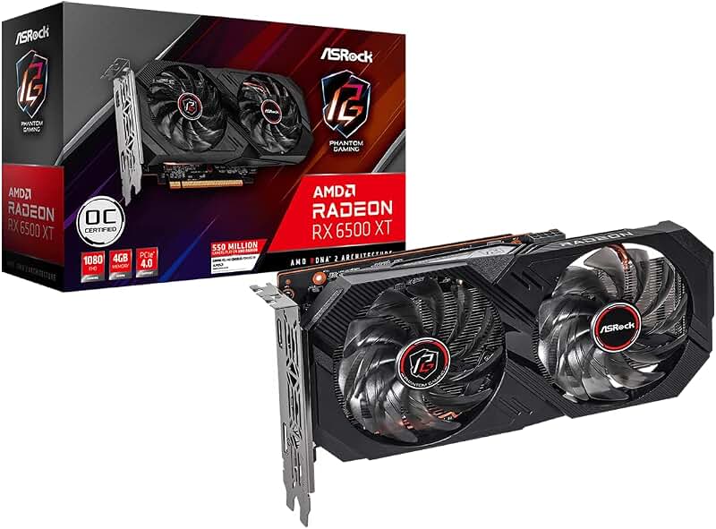 ASRock Radeon RX 6500 XT Phantom Gaming 4GB OC GDDR6 Graphics Card, RDNA2, AMD FidelityFX, 1024 Streams, 2820MHz Boost Noir