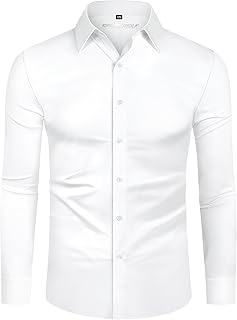4-Way Stretch Mens Shirts Long Sleeve Muscle Fit Formal Dress Shirts for Men Non Iron Casual Shirts Business Wedding Work