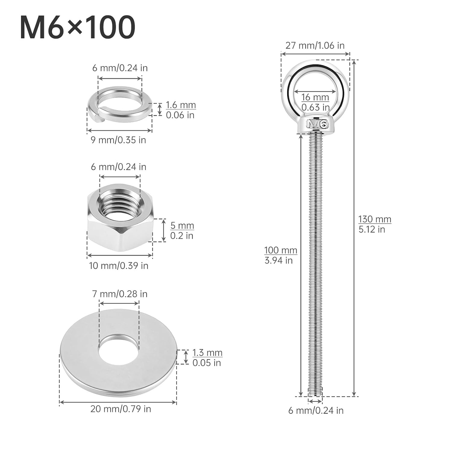2X M6 Stainless Steel Eye Bolts with Nuts, 1/4" x 4" Lifting Ring Eye Bolt