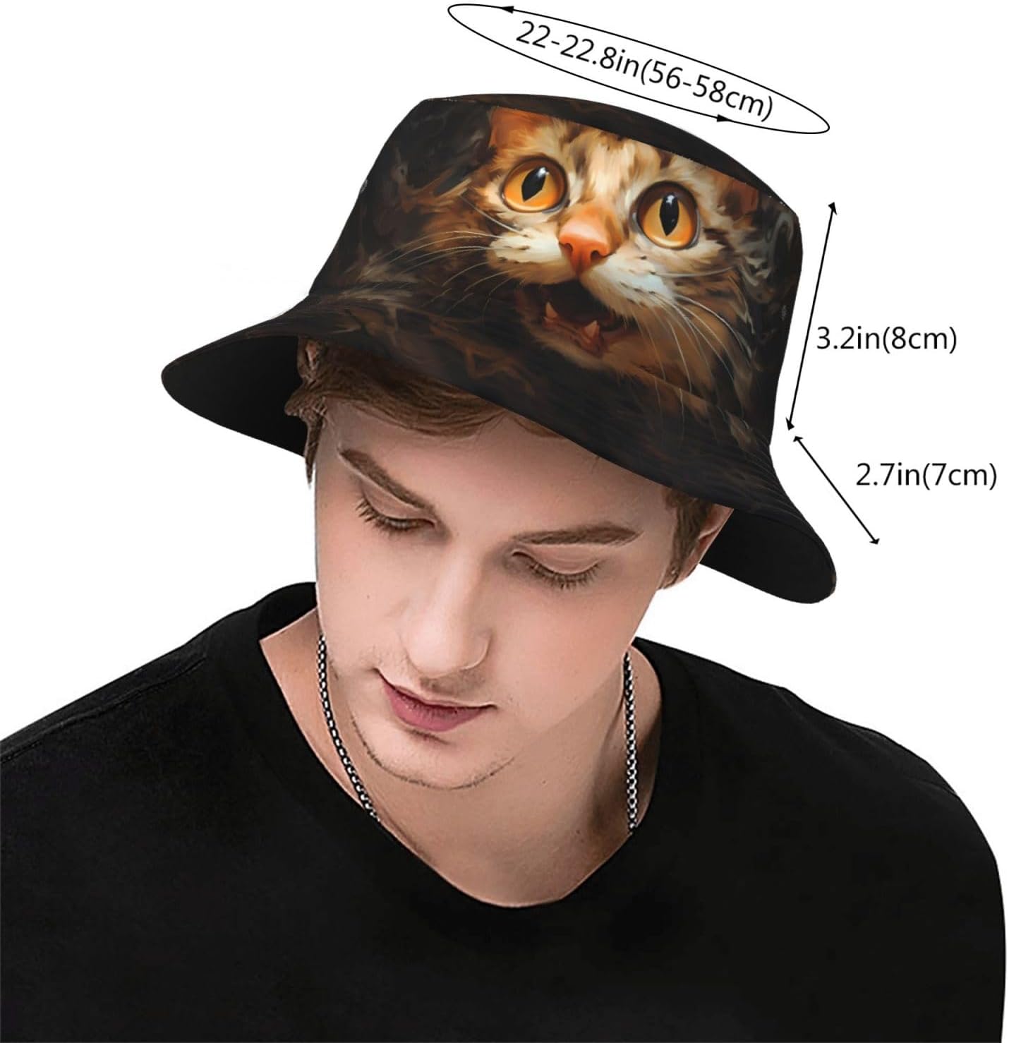 Watercolor cat Head Prints Summer Outdoor Travel Bucket hat, a Beach Sun hat Suitable for Both Men and Women Black