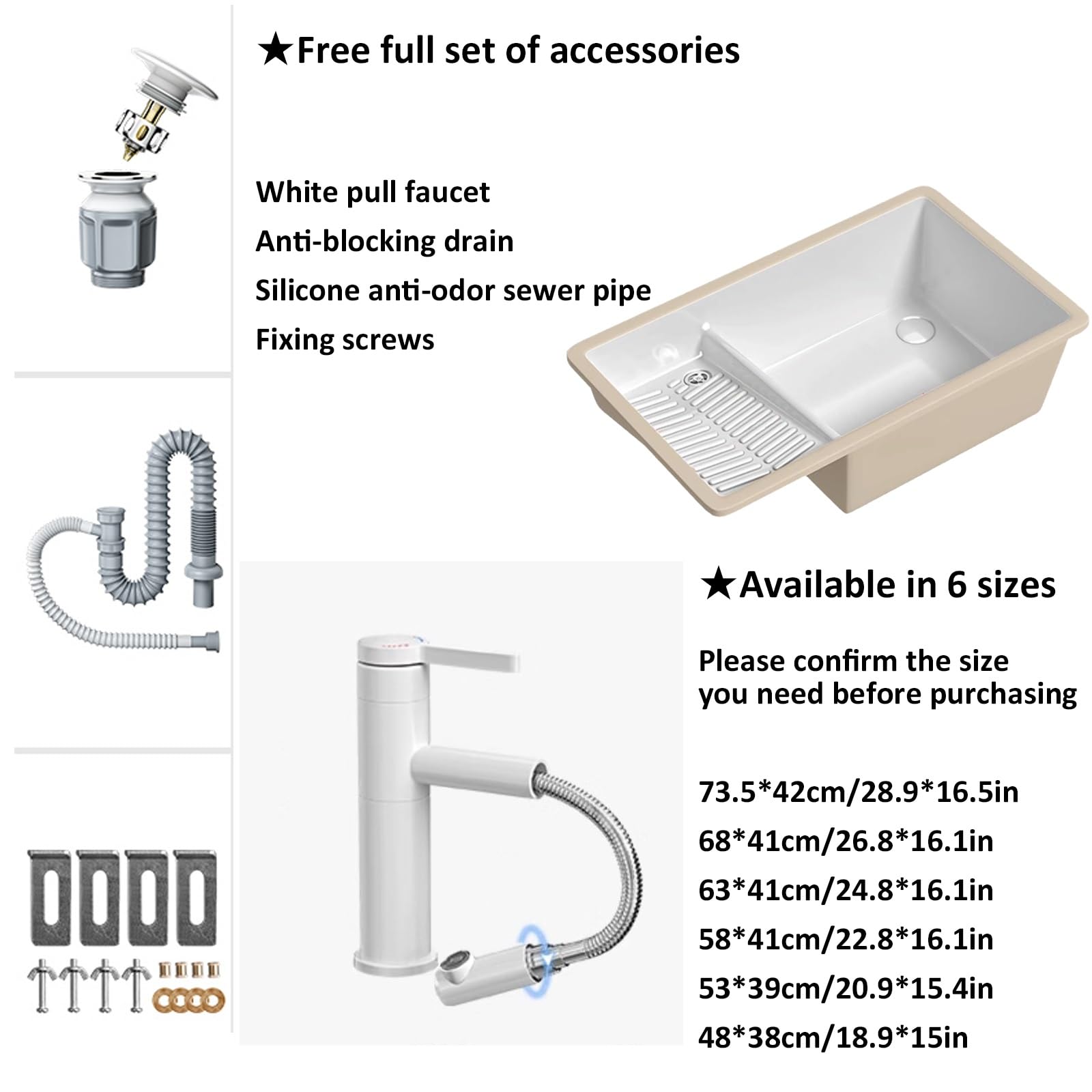 Lavandino rettangolare in ceramica bianca da bagno sottopiano,lavabo lavanderia da esterno,lavatoio ceramica,Con rubinetto bianco, adatto per lavanderia, balcone, bagno, cortile ( Size : 68*41.5 )