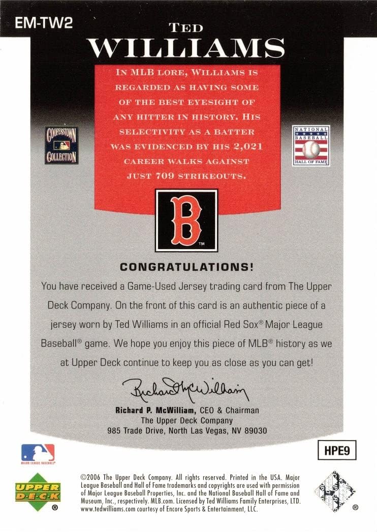 2006 Upper Deck Epic Materials Relics #EM-TW2 Ted Williams Game Worn Red Sox Jersey Baseball Card - Only 75 made!