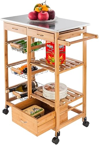 Carrito de cocina con ruedas, encimera de acero inoxidable con 3 cajones, 3 cestas de metal para alimentos y 2 paneles de estantes, carrito de