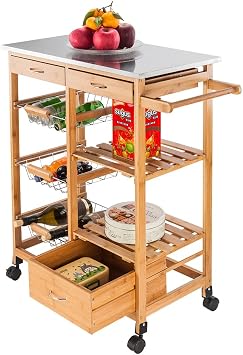 Kitchen Cart On Wheels Stainless Steel Countertop with 3 Drawers, 3 Metal Food Baskets and 2 Shelf Panels Wood Dining Trolley Cart for Home Kitchen Island, Restaurant, Burlywood