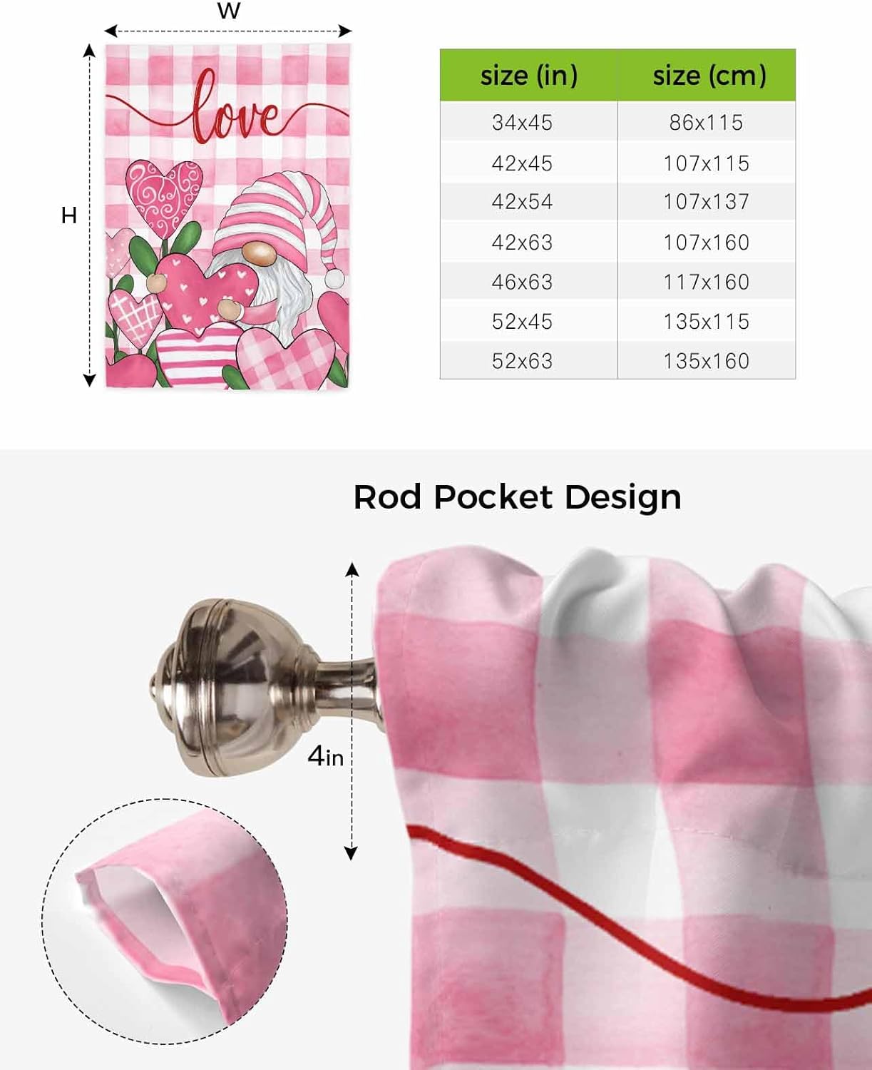 Plaid Valentine's Love Tie Up Curtains for Kitchen Bathroom Bedroom Windows 54 Inch Length, Balloon Drape Curtains Shade Rod Pocket Drapery Curtain 1 Panel, 42"x63" Buffalo Gnomes Stripes