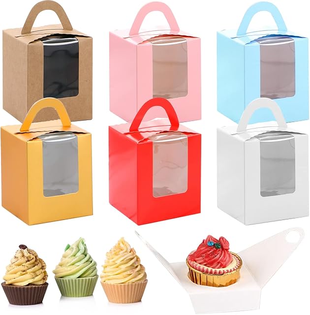 24Pcs Single Cupcake Boxes with Window Small Muffin Boxes Individual Bakery Boxes with Handles and Cardboard Inserts Cake Carrier Holder Gift Box for Wedding Birthday Party Pastry Wrapping Decoration