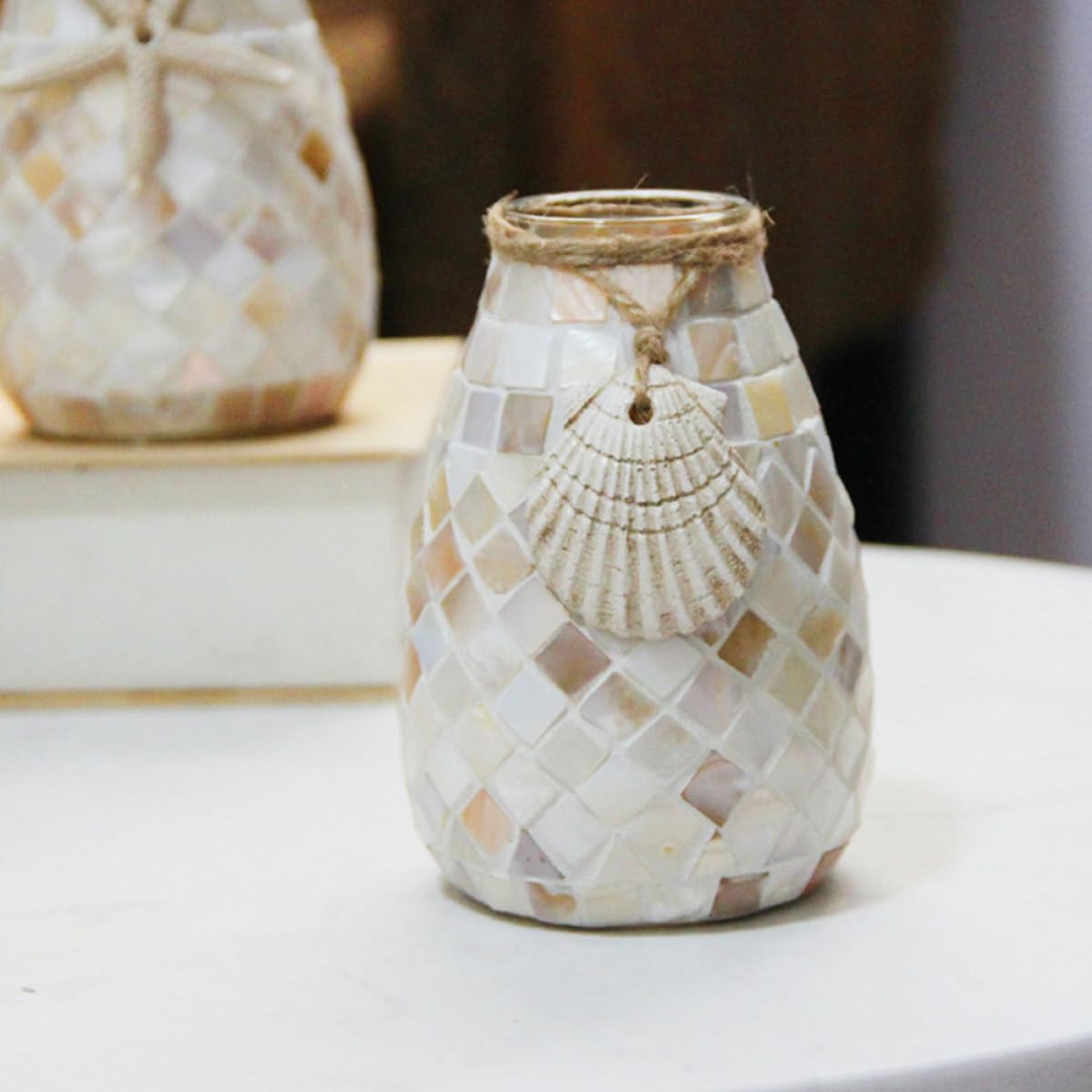 2 Pezzi Vaso di Vetro a Mosaico Bianco Stile Marino per Casa